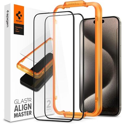 SPIGEN GLAS.tR AlignMaster Full Cover 2PCS Glass Screen Protector for iPhone 15 Pro Max [Colour:Black]